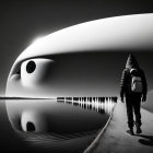 Monochrome photo of people walking by futuristic eye-shaped building