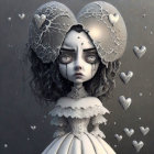 Surreal monochrome illustration of girl with cracked spherical ears and floating hearts