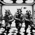 Three Figures in Gas Masks and Tactical Gear in Checkered Room with Firearms