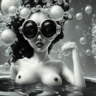 Monochrome image of person with goggles, bubbles, ladybug, and water scene