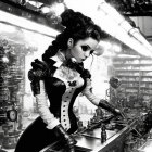 Victorian steampunk woman in black-and-white image with intricate machinery