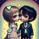 Stylized characters with large eyes and heart motifs holding hands amid colorful hearts