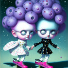 Surreal portrait of children with grape-like hair roller skating under starry sky