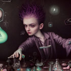 Person with Purple Hair and Glasses Conducts Experiments with Colorful Flasks and Beakers