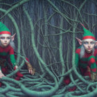 Fantasy elves in red and green outfits among dark green vines