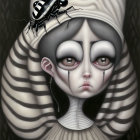 Surreal portrait of melancholic girl with striped sleeves and exaggerated eyes