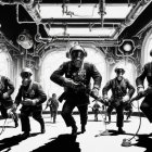 Monochrome artwork of soldiers in gas masks and vintage gear in pipework corridor