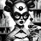 Monochromatic artistic illustration of a steampunk woman with elaborate hair and goggles holding a flask surrounded