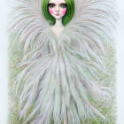 Doll with Large Green Eyes and Feathered Wings Standing on White Background