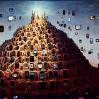 Surreal mountain of old & new cellphones with app icons in sky