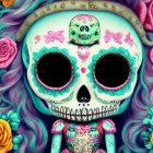 Vibrant floral skull art with green one-eyed creature