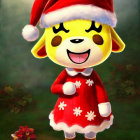 Yellow Dog Character in Santa Hat and Festive Outfit with Ornaments and Lights