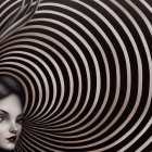 Surreal portrait of woman with hair blending into concentric circles