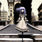 Pale-skinned animated girl with blue hair in gothic attire on a European-style bridge.