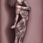 Stylized painting of tattooed woman with large eyes and ink bottles