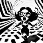 Monochrome cartoon character with large eyes in surreal backdrop