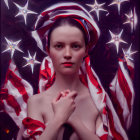 Serene woman draped in American flag-themed fabric with sparkling stars