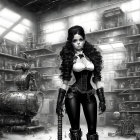 Gothic anime-style female character in steampunk workshop