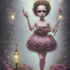 Surreal portrait of figurine-like girl with oversized Victorian-style head amid roses, frames, and