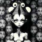 Monochrome artwork with central character, large eyes, striped horns, and eerie faces.