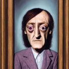 Elongated face, large eyes, prominent nose in wooden frame