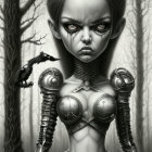 Monochrome fantasy artwork of armored female elf with crow in forest