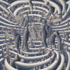 Monochrome surreal artwork: Figures in maze of structures