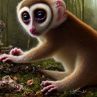 Large-eyed primate resembling a bushbaby with trinkets in forest setting