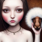 Surreal painting: Large-eyed girl holding smaller version in palm