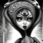 Monochrome fantasy illustration of snake-themed character.