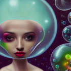 Colorful surreal portrait of a woman with bubbles and tiny figures