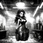 Monochrome stylized image of woman with voluminous hair in corseted outfit in industrial setting.