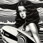 Monochromatic illustration of young girl with surfboard and wavy hair