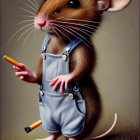 Anthropomorphic mouse in denim overalls with lit cigarette