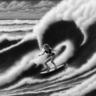 Monochrome illustration of person surfing a large wave