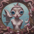 Surreal wide-eyed character with shark and odd creatures in underwater scene