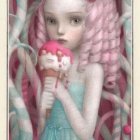 Surreal portrait of pale girl with pink hair and blue eyes holding pastry