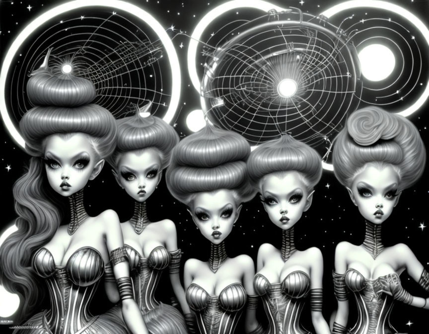 Stylized monochrome figures with celestial features on starry background.