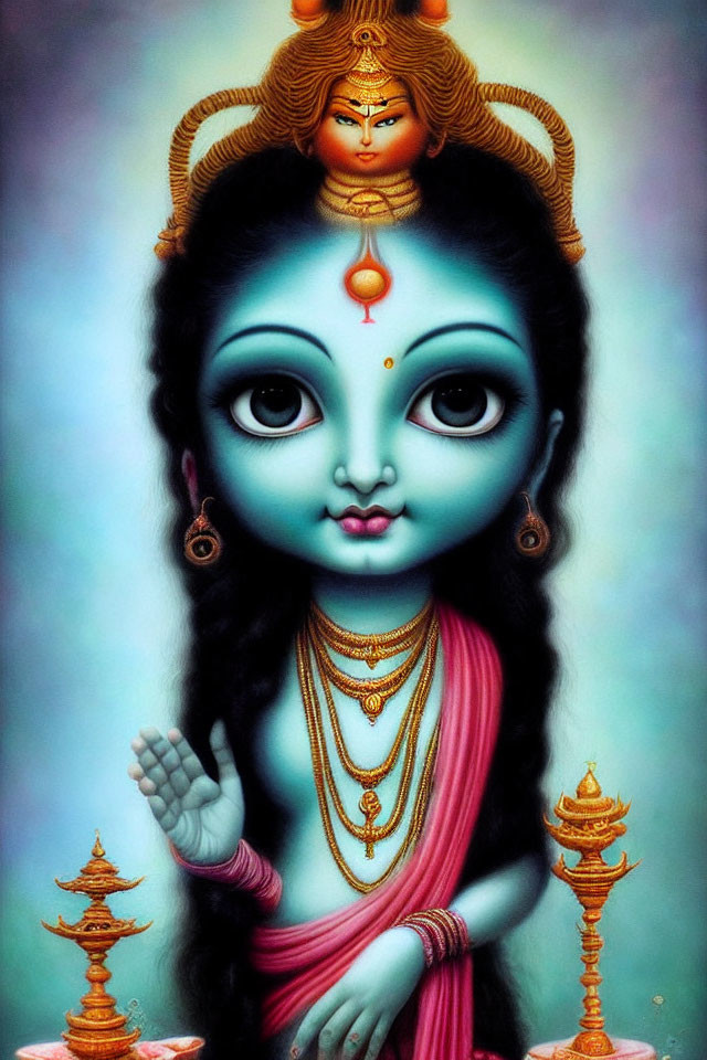 Blue-skinned deity with four arms and traditional Hindu jewelry on soft gradient background