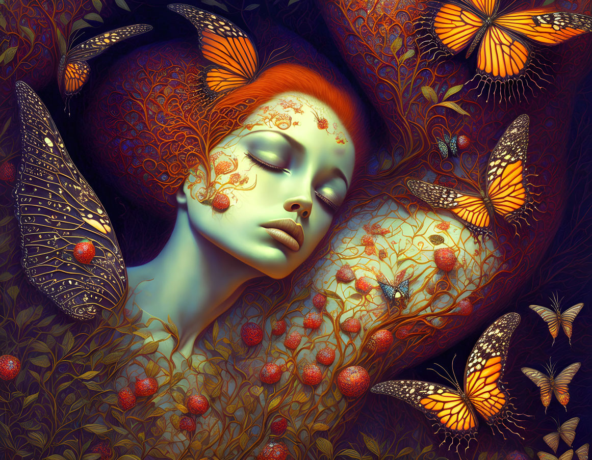 Orange-haired woman surrounded by butterflies and nature patterns in serene setting