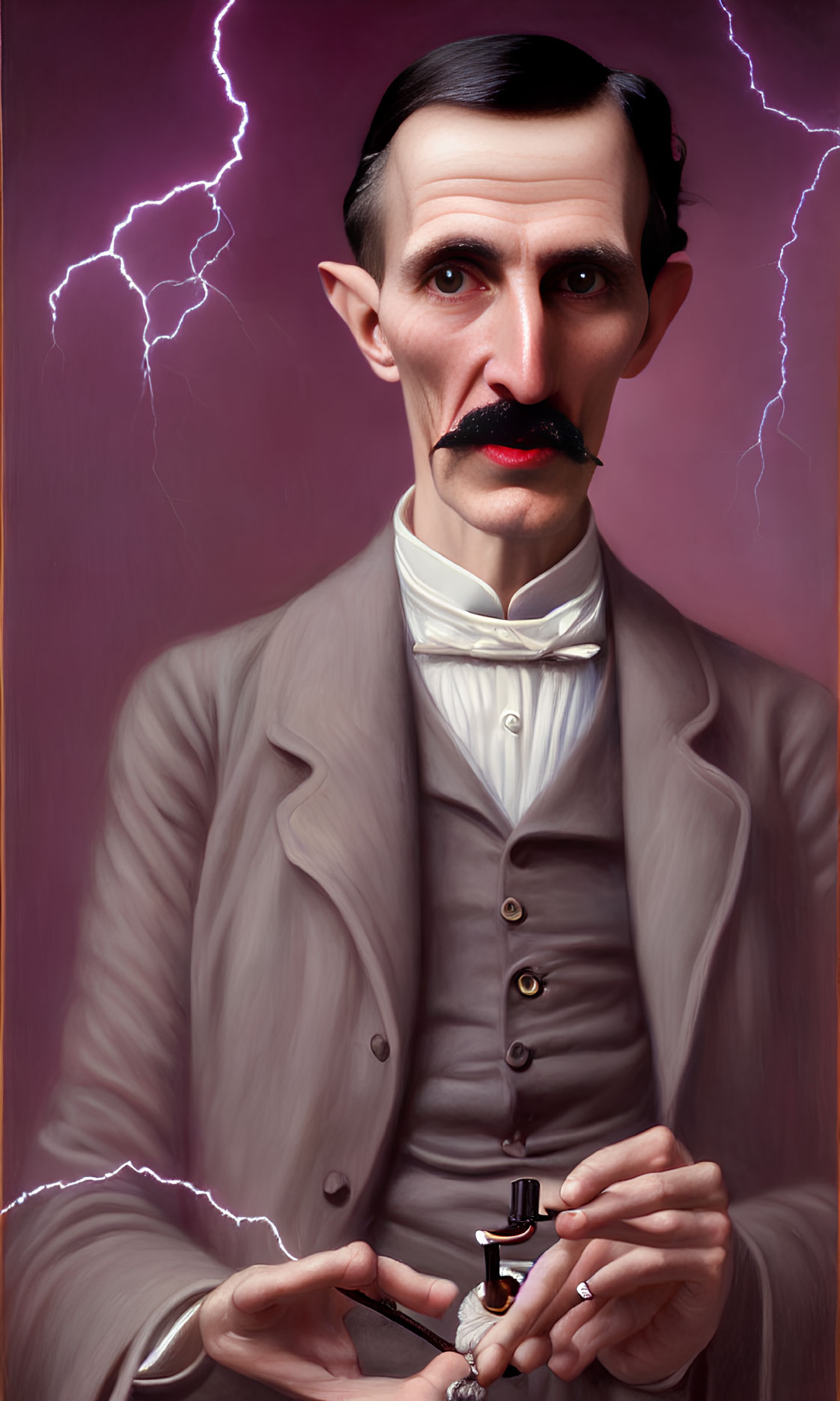 Illustrated portrait of man with mustache in suit holding bottle on pink background with lightning bolts