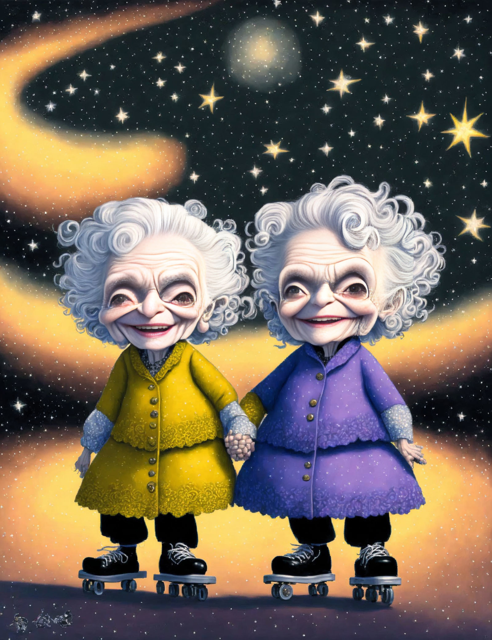 Elderly animated characters roller-skating under starry night sky