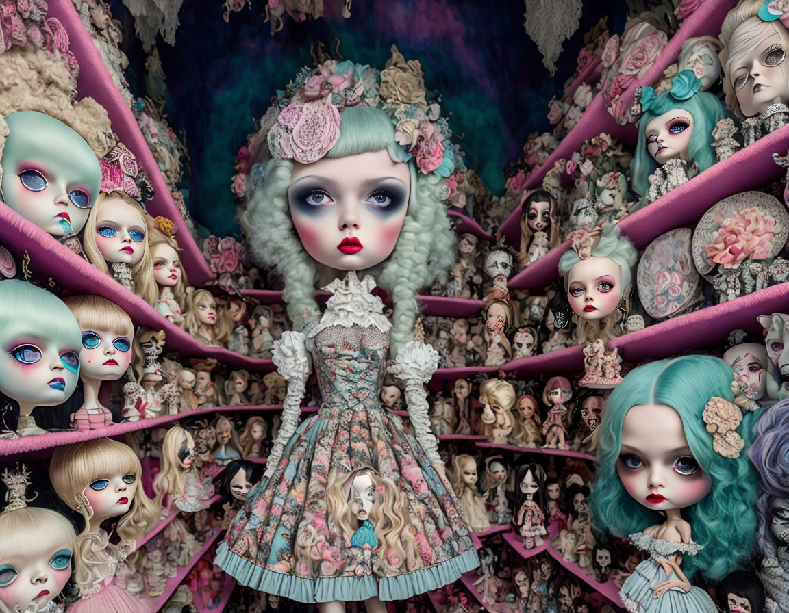 Surreal Victorian doll surrounded by various expressions on dark background