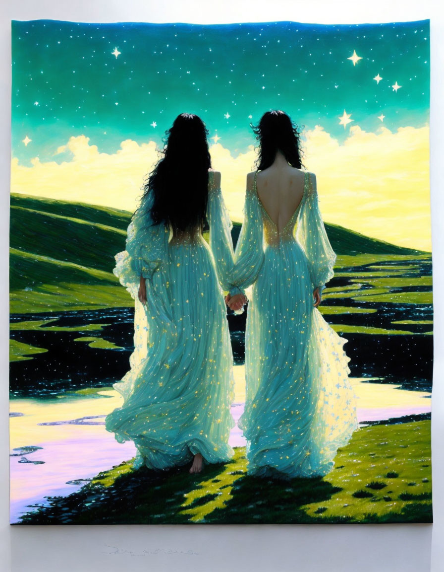 Two individuals in flowing blue dresses by reflective water under starry sky.