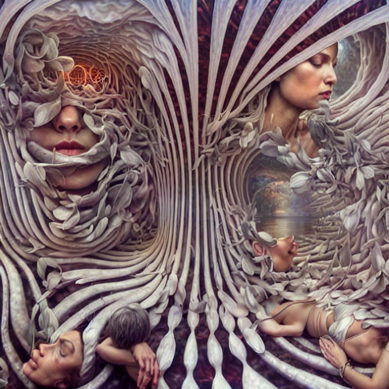 Surreal Human Figures Montage with Organic Textures and Patterns