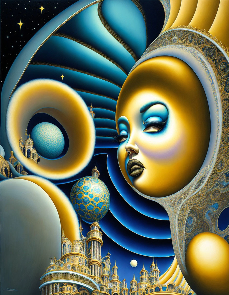 Surreal painting of woman's face with celestial and architectural elements