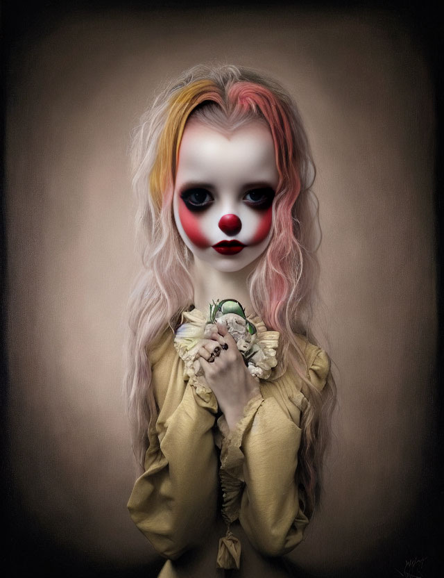 Stylized portrait of doll-like figure with large eyes and red clown nose