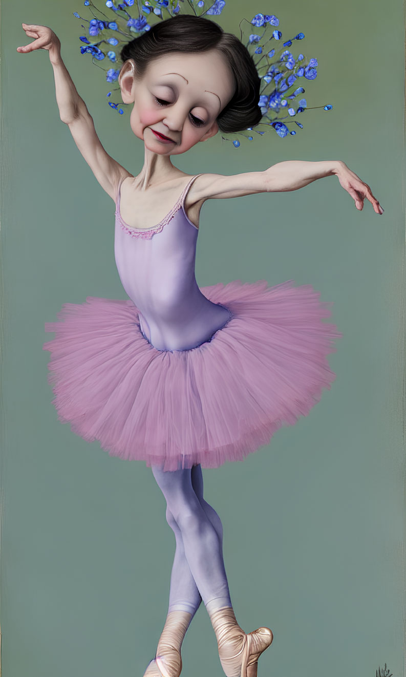 Stylized illustration of young ballerina in purple tutu and ballet shoes