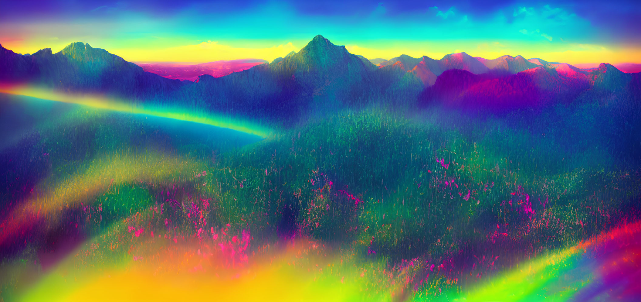 Vivid panoramic mountain range with unnatural colors