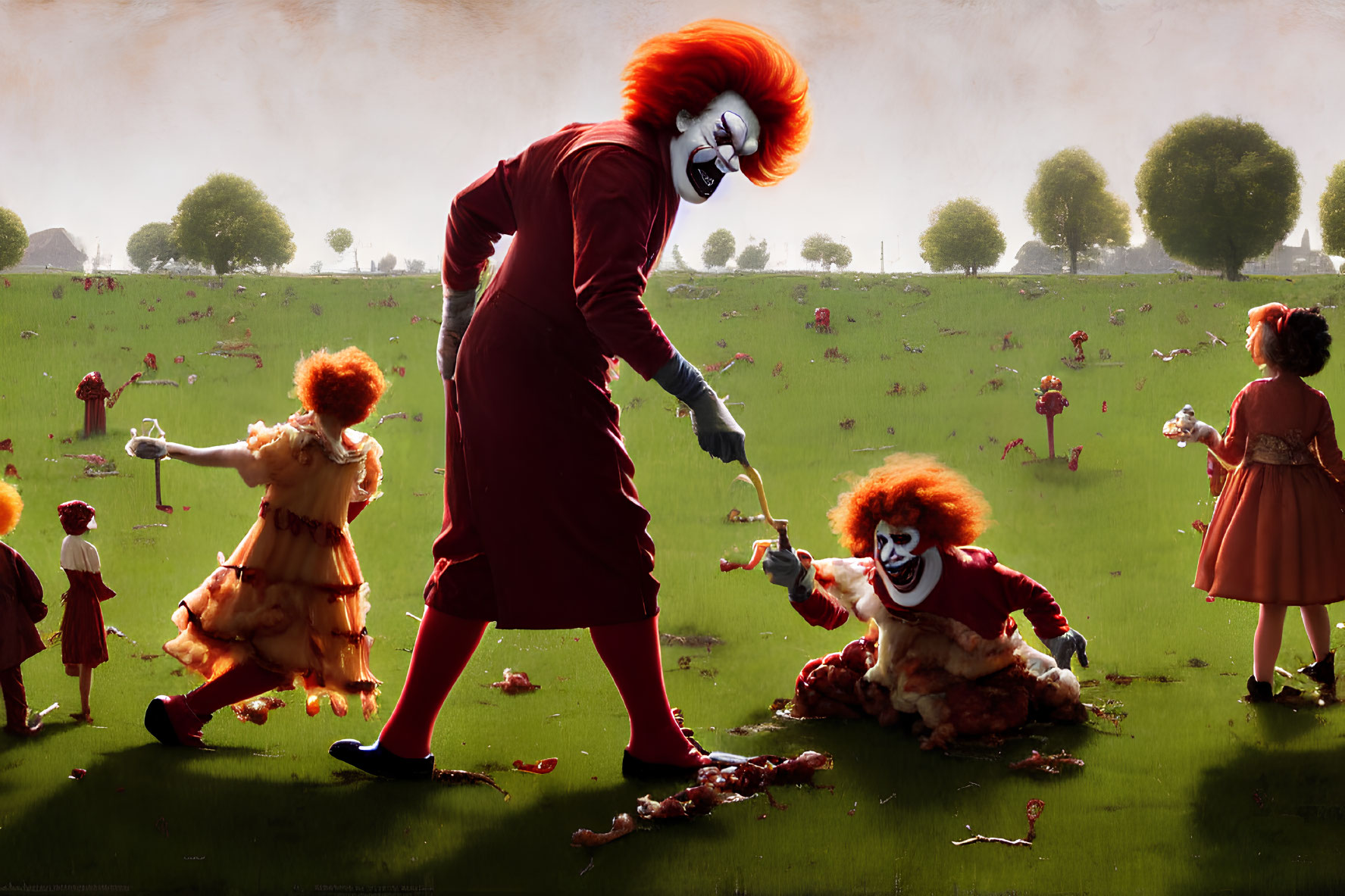 Surreal scene of oversized and menacing clowns in a field